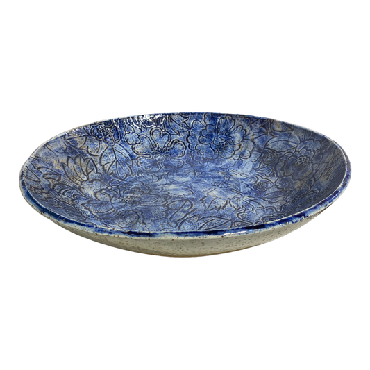 Large Peony Impressed Platter Cobalt Blue Oxide Wash