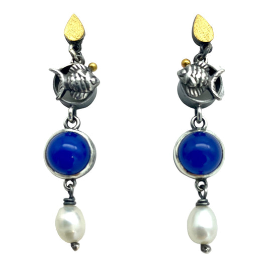 Earrings, Fish, Blue Agate