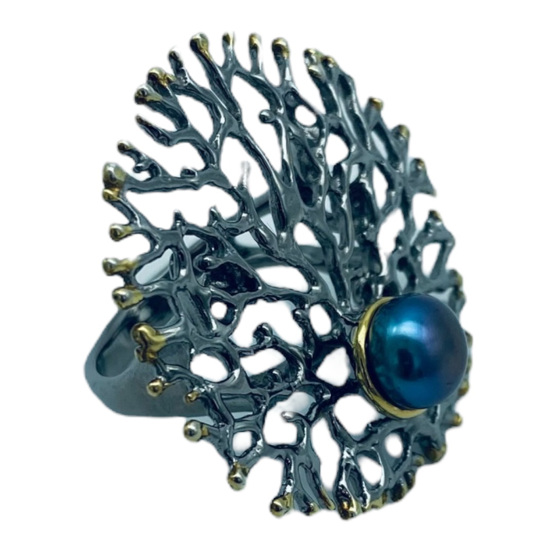 Ring, Fan of the Sea, Statement, Rhodium with Yellow Gold Accents and Black Pearl