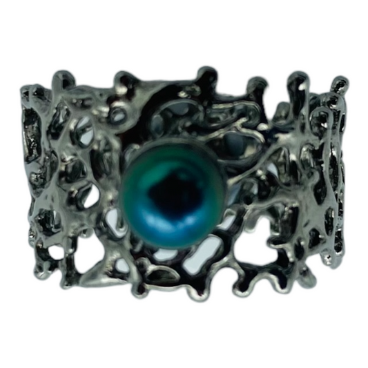 Ring, Fan of the Sea, Rhodium, Black Pearl