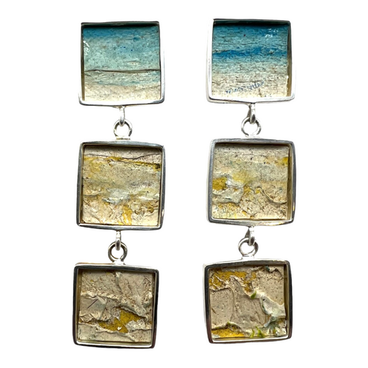 Earrings, 3 Square Oil Paintings Beach
