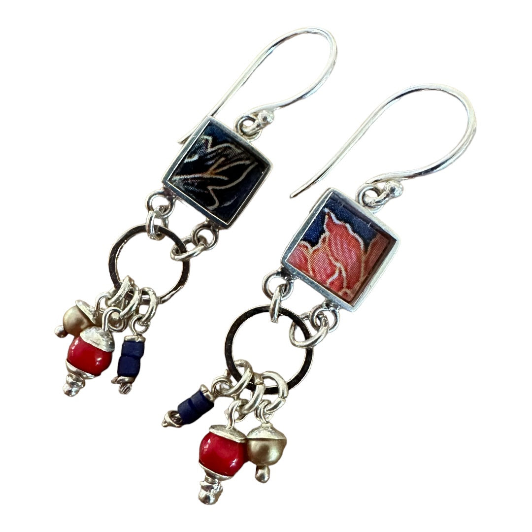 Earrings - Batik Blue and Red Leaves