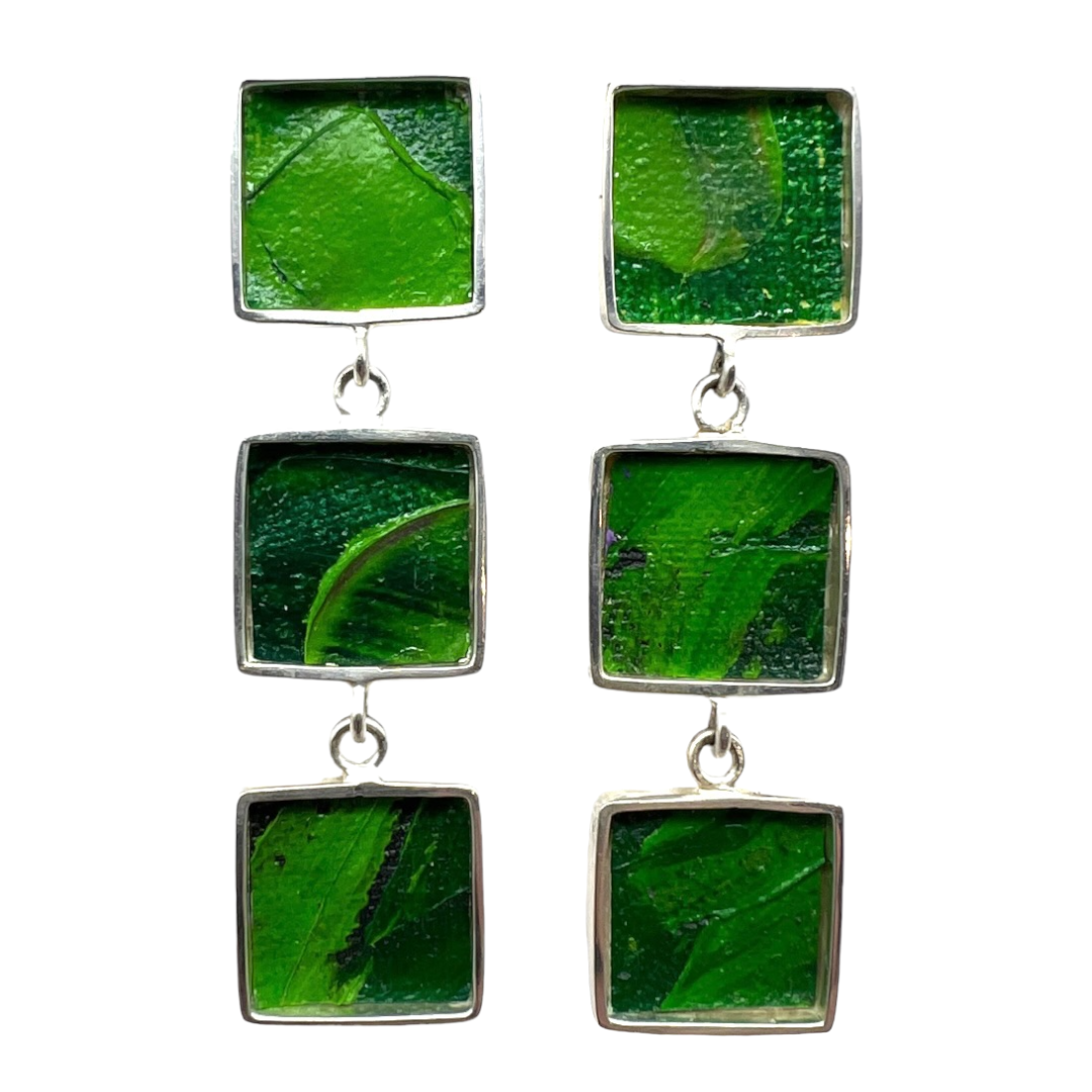 Earrings, 3 Square Oil Paintings Green