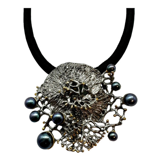Pendant / Brooch - Coral Garden, Rhodium Finish with Black Pearls