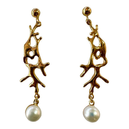 Earrings - Coral Garden Drop with White Pearl and Yellow Gold Finish
