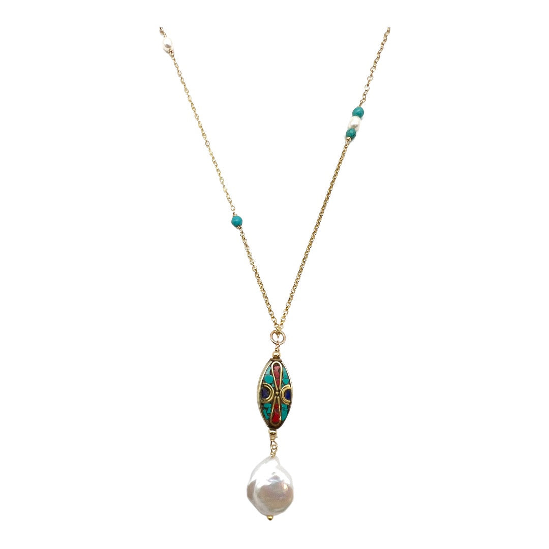 Pendant - Tibetan Bead, Turquoise and Keshi Pearl