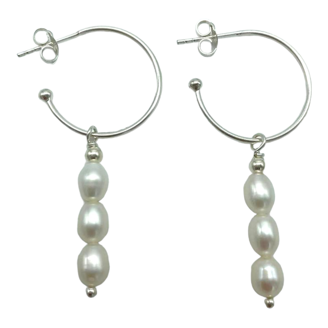 Earrings - Hoop Stud with Triple Freshwater Pearl Drop