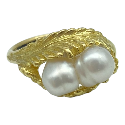 Ring, South Seas Keshi Double Pearl with Leaf