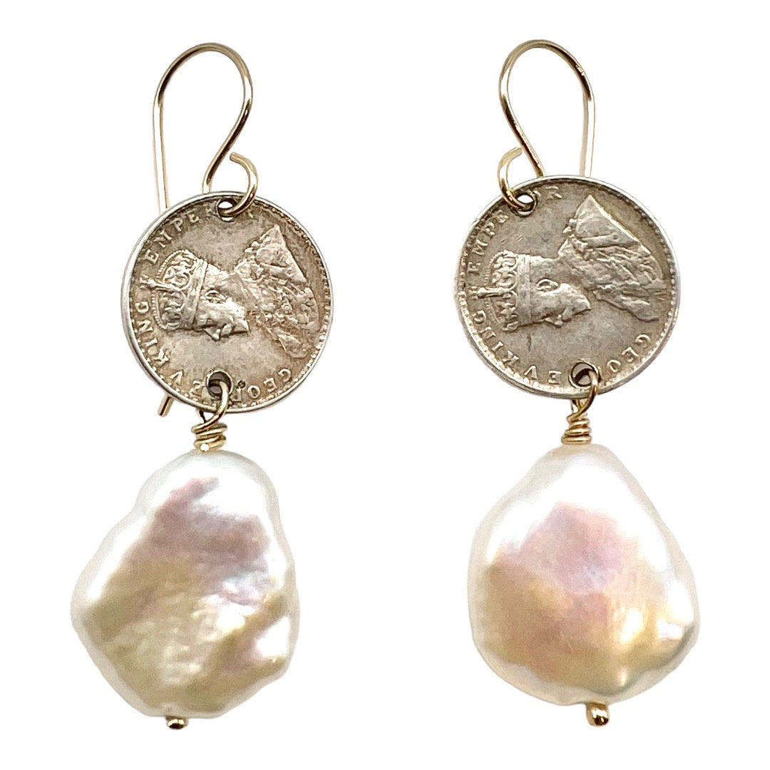 Earrings - Antique Coin and Keshi Pearl