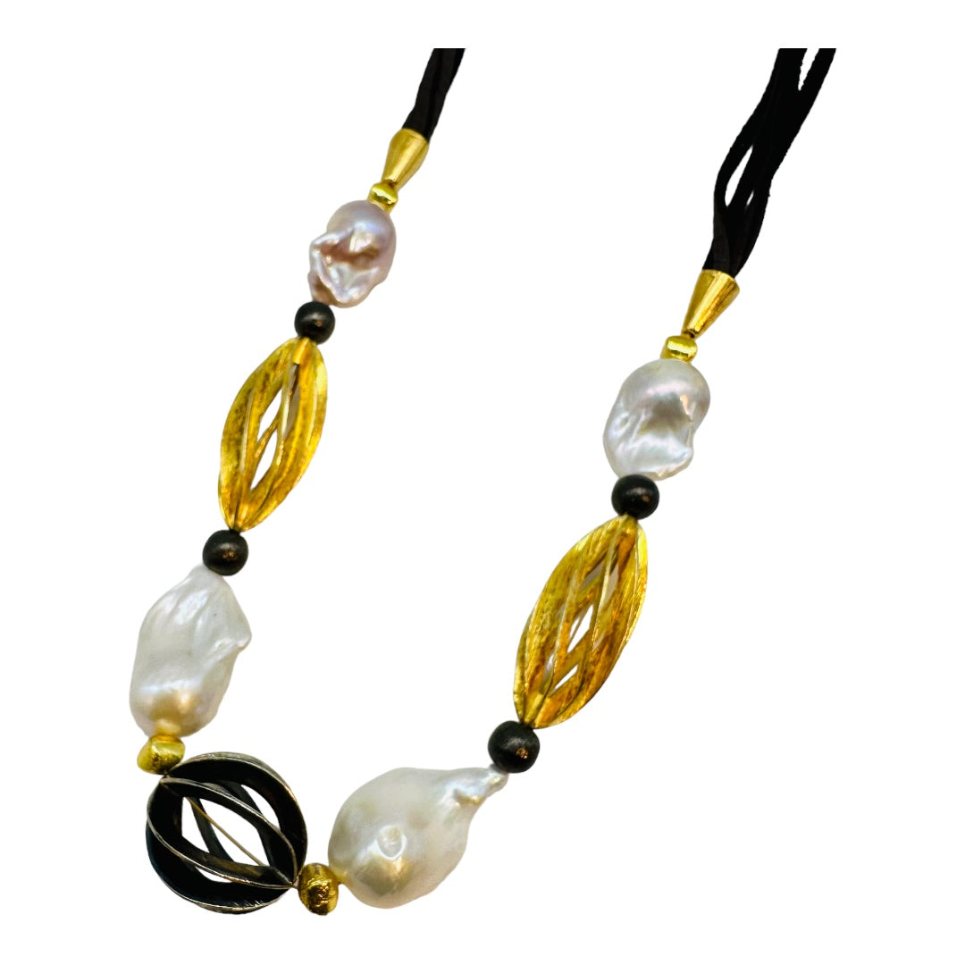 Necklace - Freshwater Baroque Pearls on Dark Brown Deerskin Leather