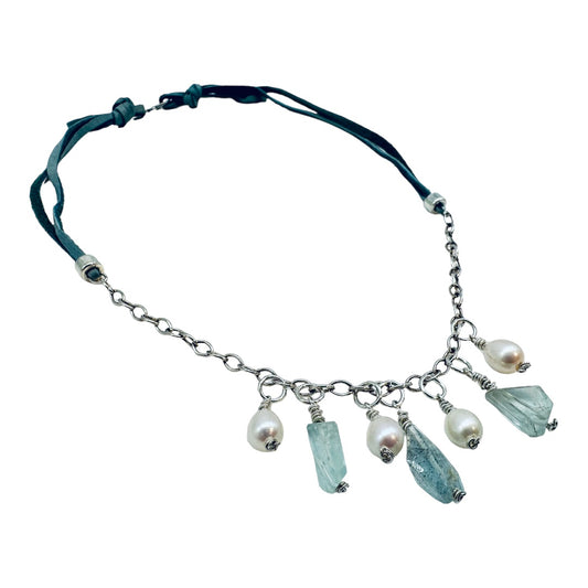 Necklace - Freshwater Pearls and Aquamarine with Blue Deerskin Leather