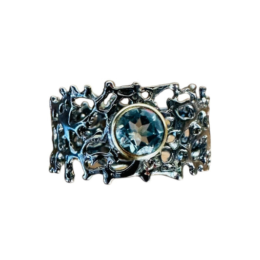 Ring - Fan of the Sea, Rhodium, Yellow Gold Accents around Blue Topaz
