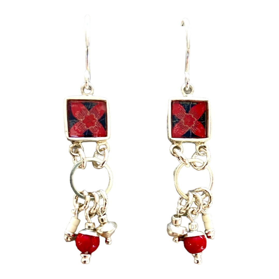 Earrings - Batik Navy and Red Flower