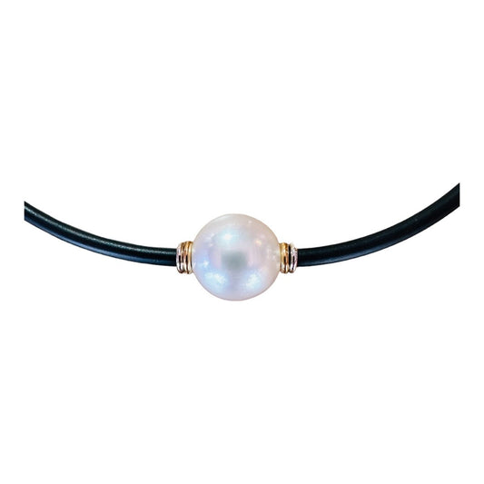 Necklace - 13-14mm Australian South Sea Cultured Pearl, with 9kt Yellow Gold and Sterling Silver on 46.5cm Neoprene 3mm