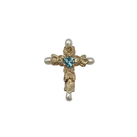 Pendant - Floral Cross with Seedless Pearl Terminals set with Blue Topaz