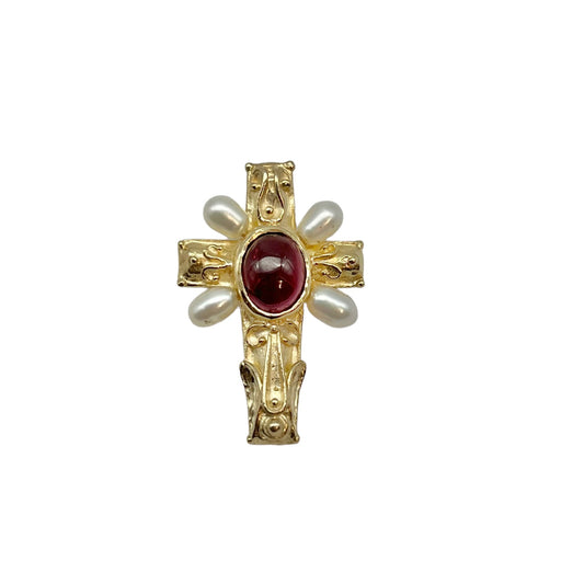 Pendant - Crucifix with Cab Garnet and Seedless Pearl Rays