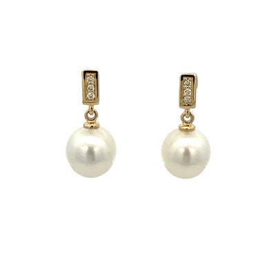 Earrings - 9-10mm Australian South Sea Cultured Pearl with 6 Diamonds at 0.06ct, 9ktYellow Gold Drops
