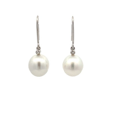 Earrings -10-11mm Australian South Sea Cultured Pearl 2 Diamonds 0.02ct, with 18kt White Gold Hooks